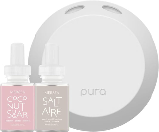 Pura Smart Home Fragrance Device Starter Set - Pura 4 - Scent Diffuser for Home - Includes Fragrance Aroma Diffuser - Square Box, Saltaire and Coconut Sugar Scent Refills