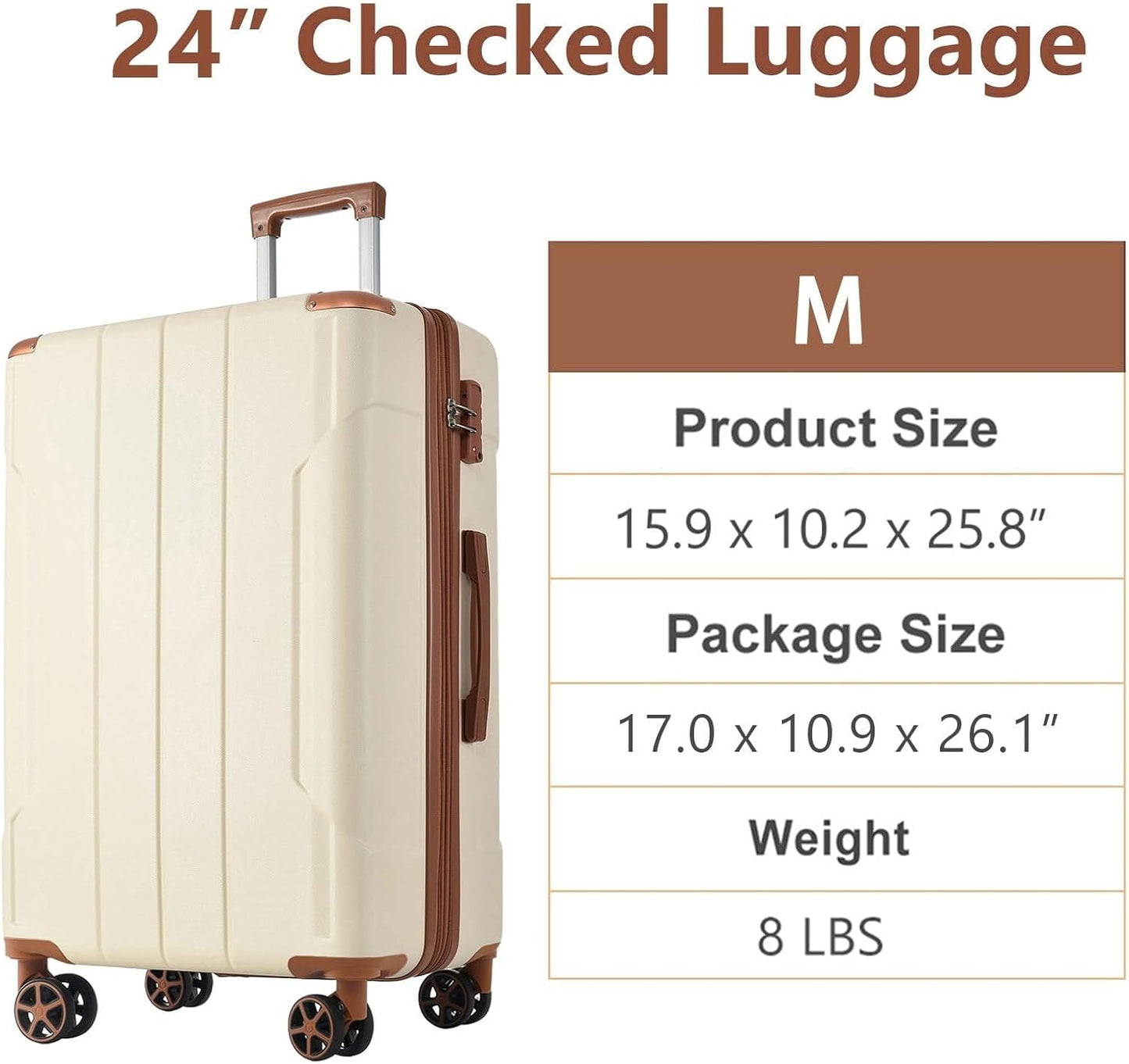 24-inch Expandable Hardshell Checked Luggage with TSA Lock, Durable ABS Suitcase with 360° Silent Dual Wheels, 25% Extra Packing Space, Telescopic Handle, 8 LBS Lightweight, Light Brown