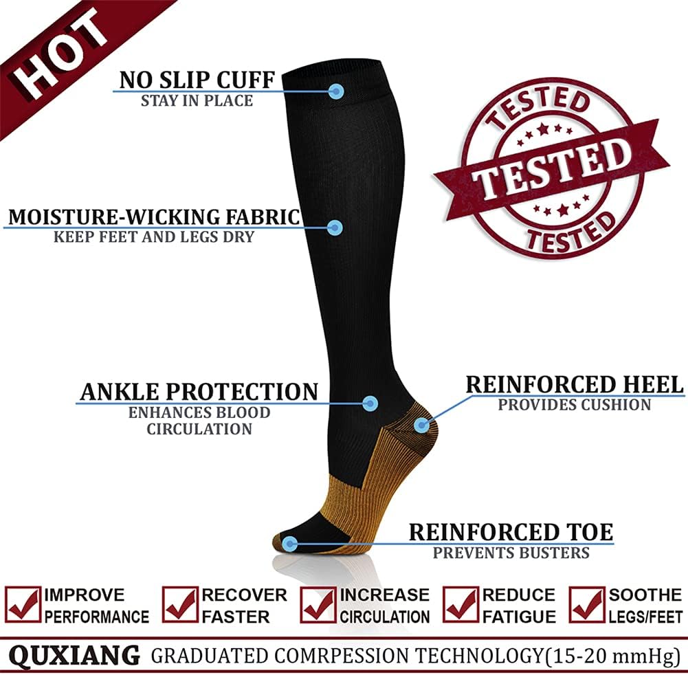 QUXIANG Copper Compression Socks for Women & Men Circulation (8 Pairs) - Best for Running Athletic Cycling - 15-20 mmHg