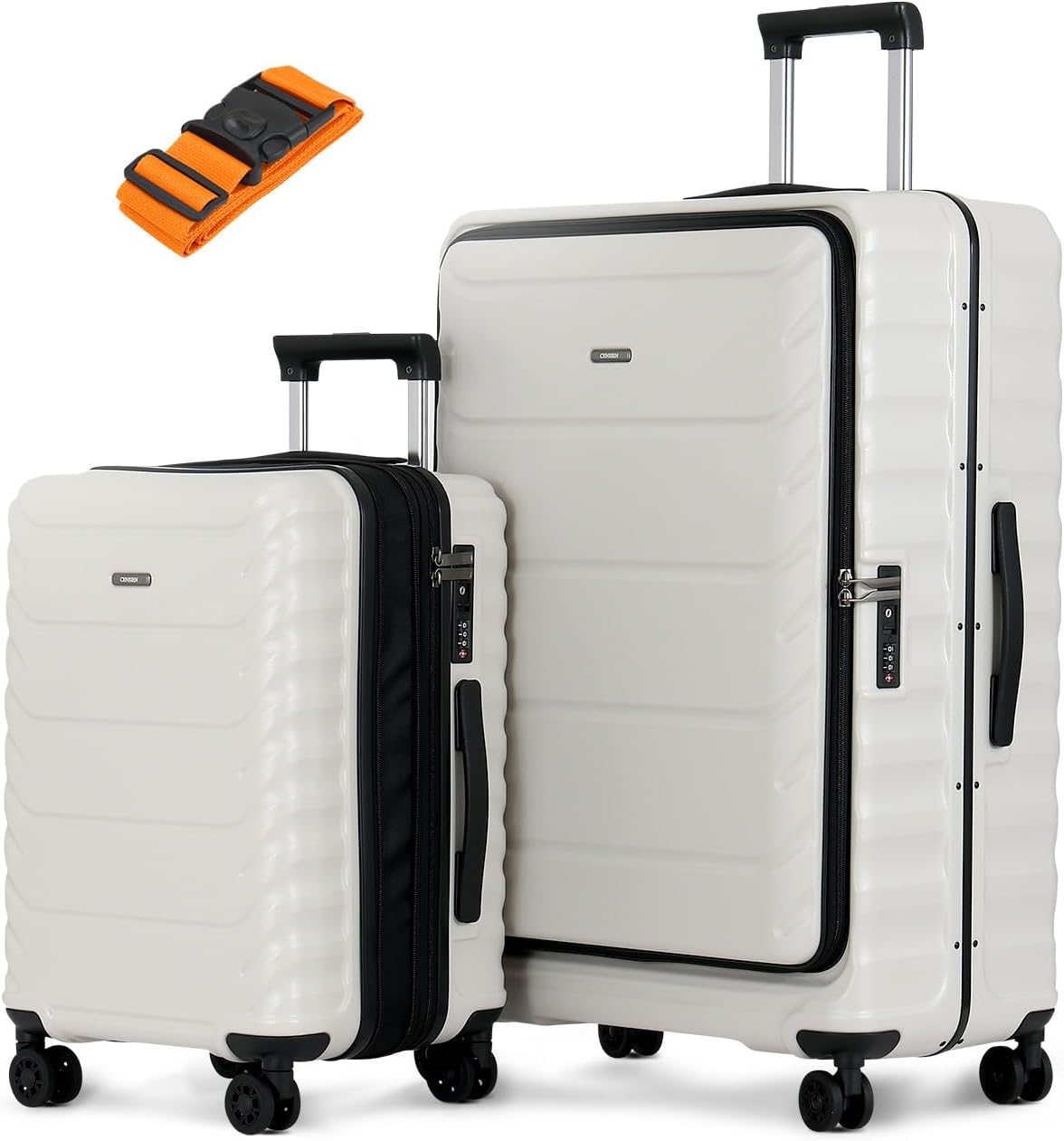 Luggage Sets 2 Pieces, 20/28 Inch PC Hardshell Suitcase with Spinner Wheels, 20 Inch Expandable Clamshell Carry On Luggage and 28 Inch Aluminum Frame Top Opening Checked Luggage (White)