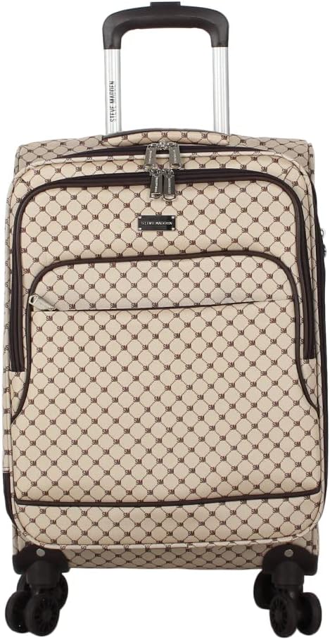 Steve Madden Designer Luggage Collection - Lightweight Softside Expandable Suitcase for Men & Women - Durable 20 Inch Carry On Bag with 4-Rolling Spinner Wheels (Noble Brown/Tan, 20in)