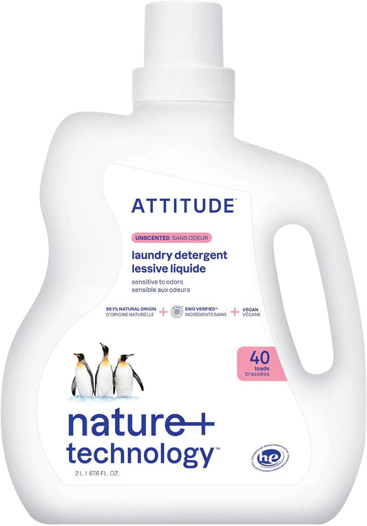 ATTITUDE Liquid Laundry Detergent, EWG Verified, HE Compatible, Plant-Based & Vegan, Natural Laundry Soap, Unscented, 40 Loads, 67.6 Fl Oz