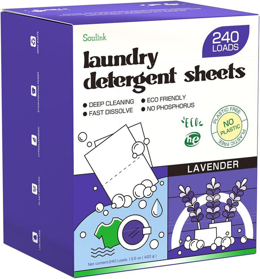 Soulink Lavender Laundry Detergent Sheets, 240 Loads - Eco-Friendly, Plant-Based, Hypoallergenic, No Plastic Jug