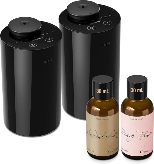 Airversa Waterless Essential Oil Diffuser Starter Kit with 2 x 30mL Fragrance Oil, Battery Operated Mini Scent Air Machine Portable Diffuser for Home Car Office Room, Black AN6 2 Packs Kit