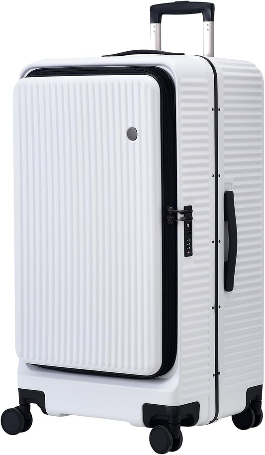 29 Inch Aluminum Checked Luggage with Side Opening Zipper, 40 * 37 * 77cm, 113L, Lightweight Hardshell ABS+PC Suitcase with TSA Lock, 360° Universal Wheels, White