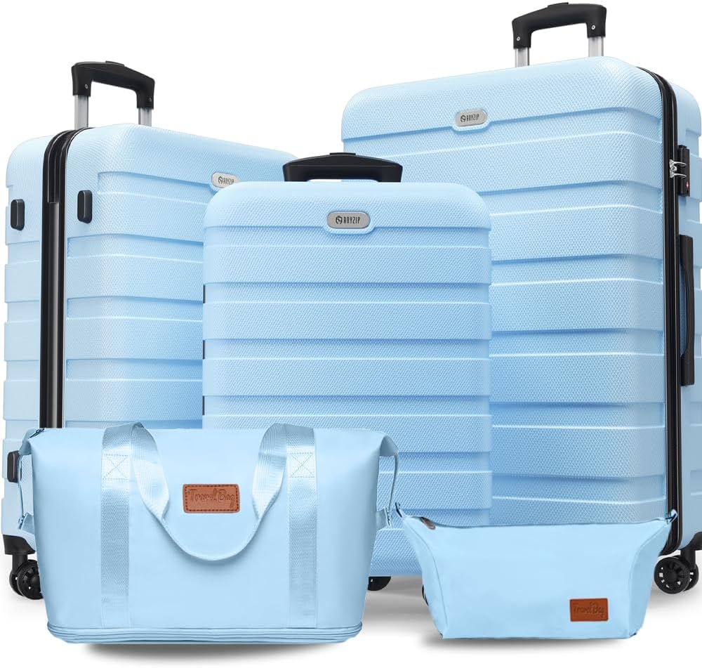 AnyZip Luggage Set 5 Piece PC ABS Hardshell Lightweight Suitcases for Travelling with 4 Universal Wheels TSA Lock Carry on Suitcase Light Blue