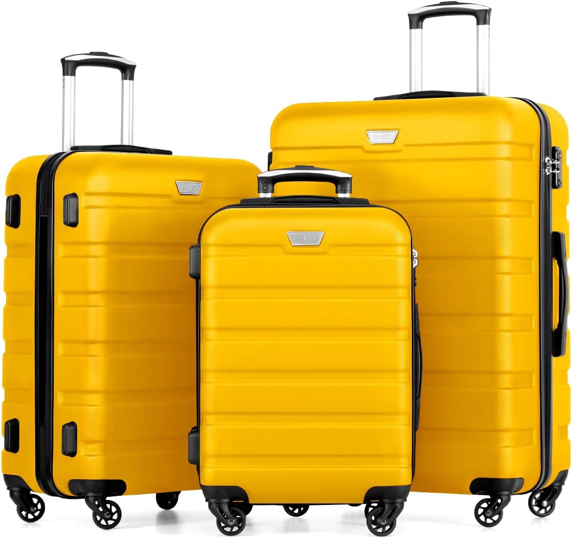 Coolife Luggage 3 Piece Set Suitcase Spinner Hardshell Lightweight TSA Lock (yellow, 3 piece set(20in24in28in))