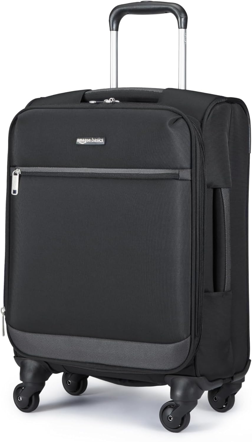 Amazon Basics Luggage, 18" Medium Carry-On Softside Suitcase With Wheels, With Four 360-Degree Multi-directional Spinner Wheels, Expandable Space, ZipperedPocket and Straps, Telescopic Handle, Black