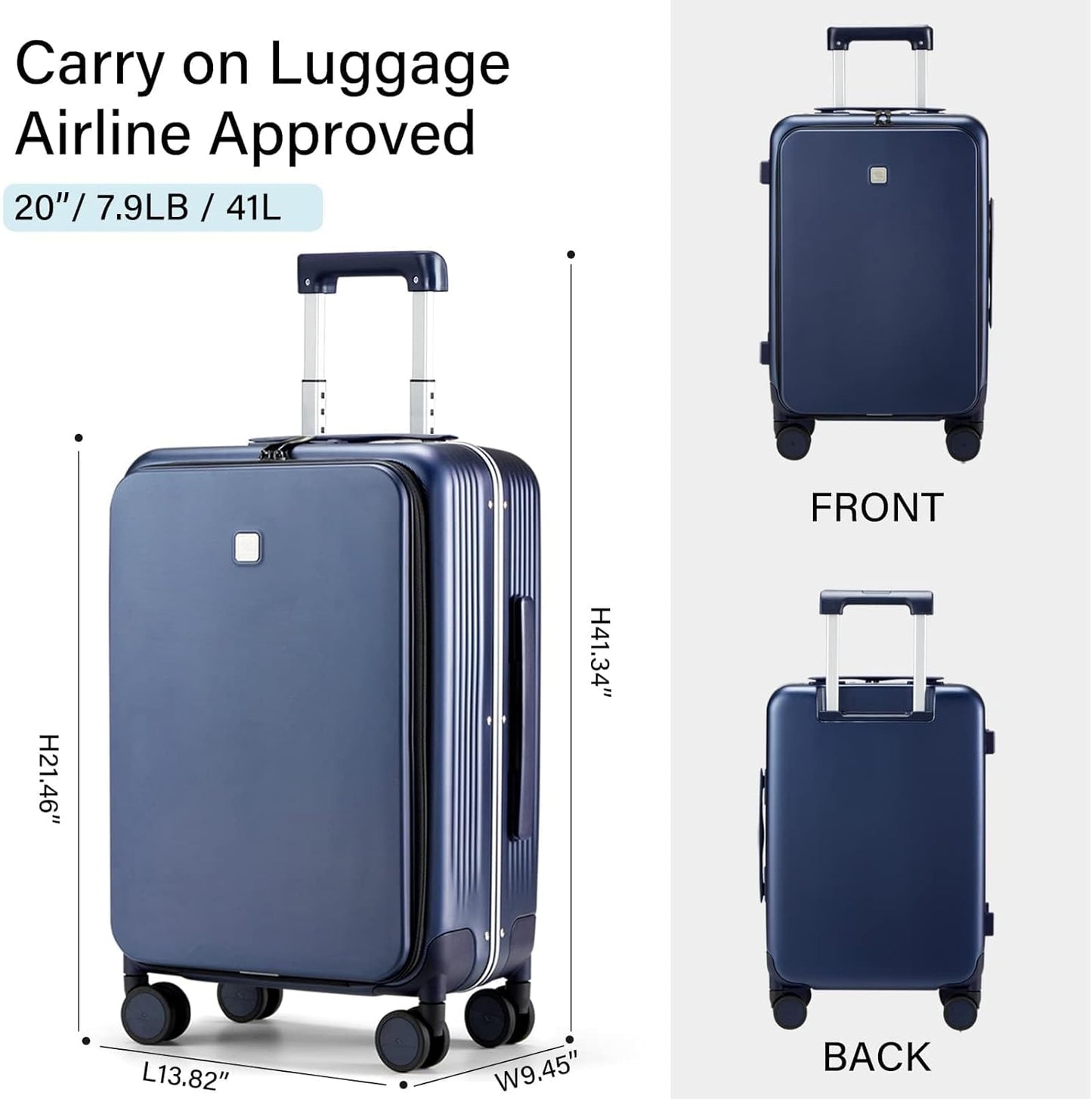 Hanke 20 Inch Carry On Luggage with Front Pocket Aluminum Frame, Hard Shell Suitcases with Wheels, Rolling Luggage, Suitcase with Lock, Travel Luggage for Weekender, Dark Blue