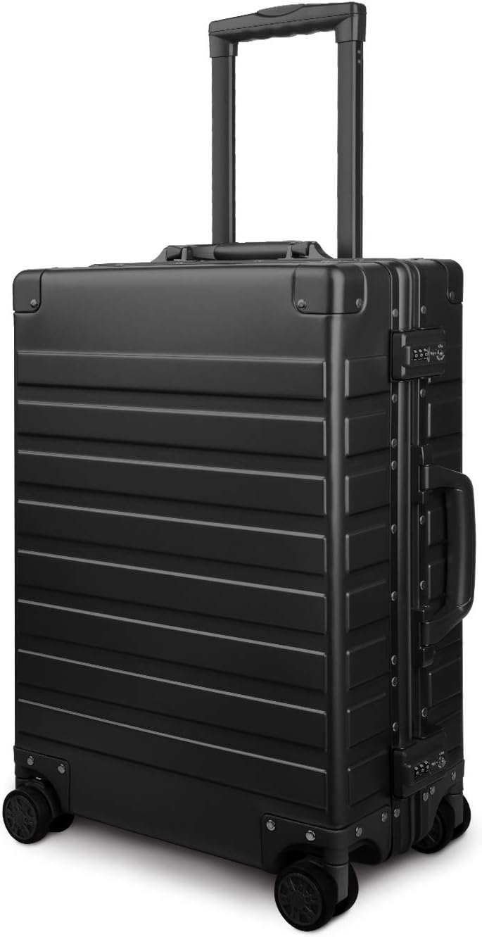 TRAVELKING All Aluminum Carry On Luggage with TSA Locks Zipperless Alloy Metal Hard Shell Spinner Suitcase (Black, 20 Inch)