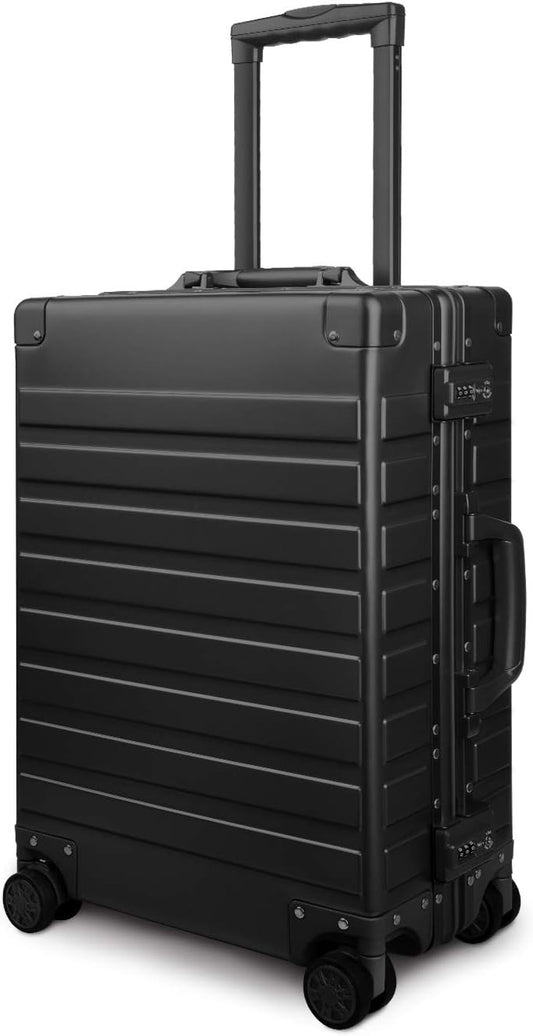 TRAVELKING All Aluminum Carry On Luggage with TSA Locks Zipperless Alloy Metal Hard Shell Spinner Suitcase (Black, 20 Inch)