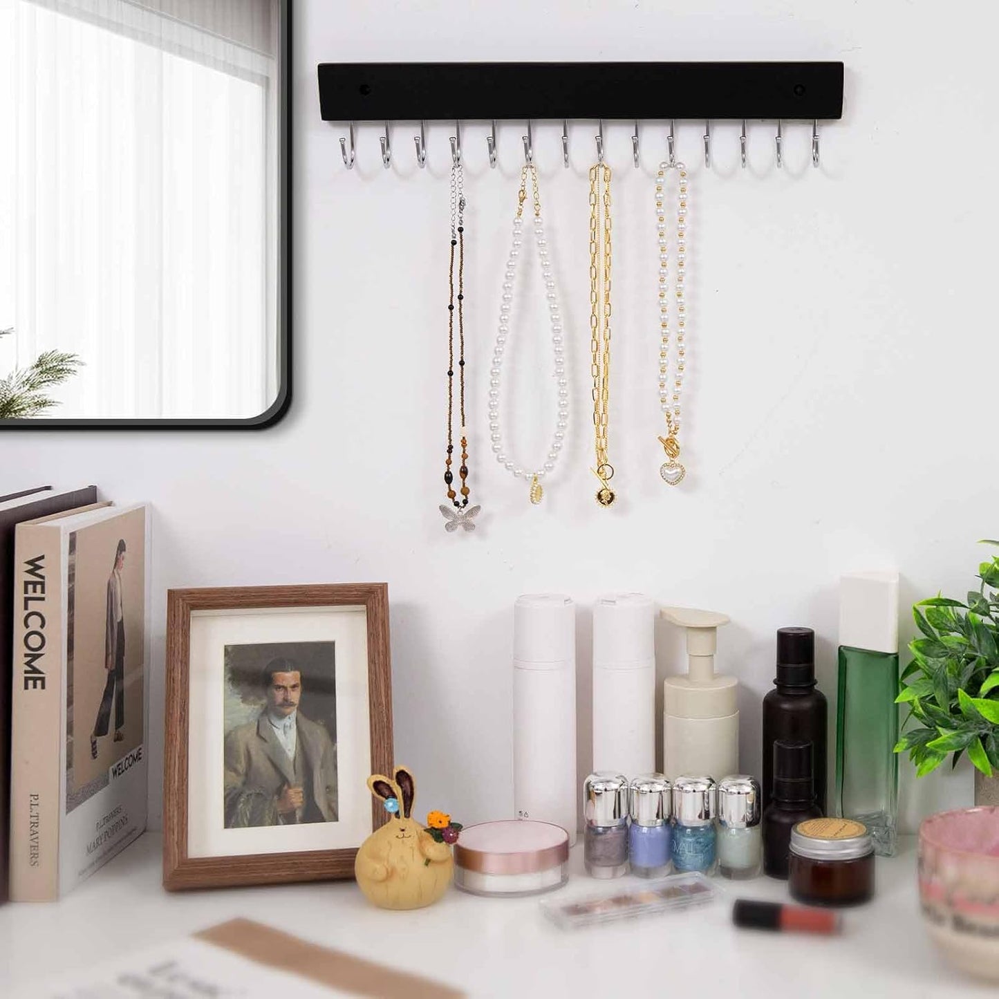 Wall Mounted Necklace Holder, Classic Style Necklace Holder, Tangle-Free Wall Jewelry Organizer with 28 Hooks(2 Packs,Black)