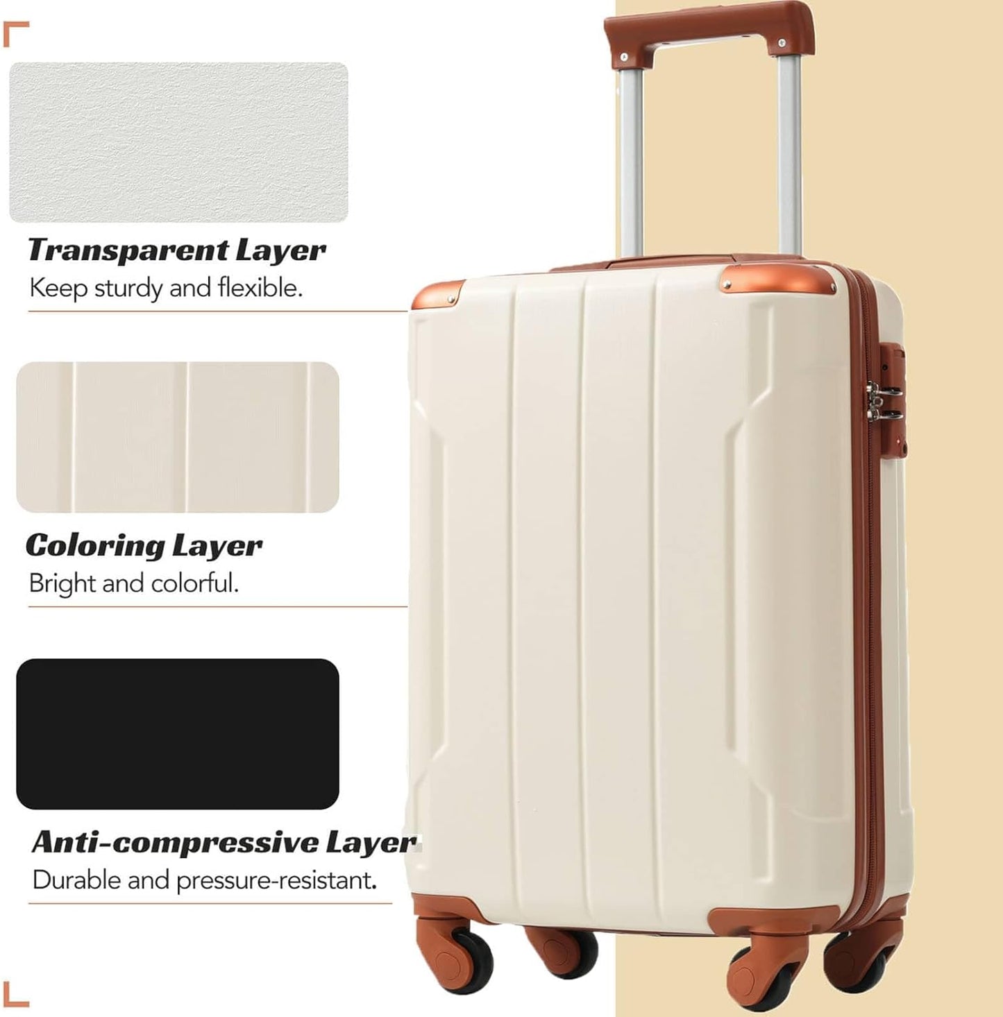 Merax Carry-On Luggage 22x14x9 airline approved, Hardshell ABS Suitcase with Spinner Wheels, TSA Lock, Lightweight Durable 20 Inch Travel Luggage for Men Women(White Brown)