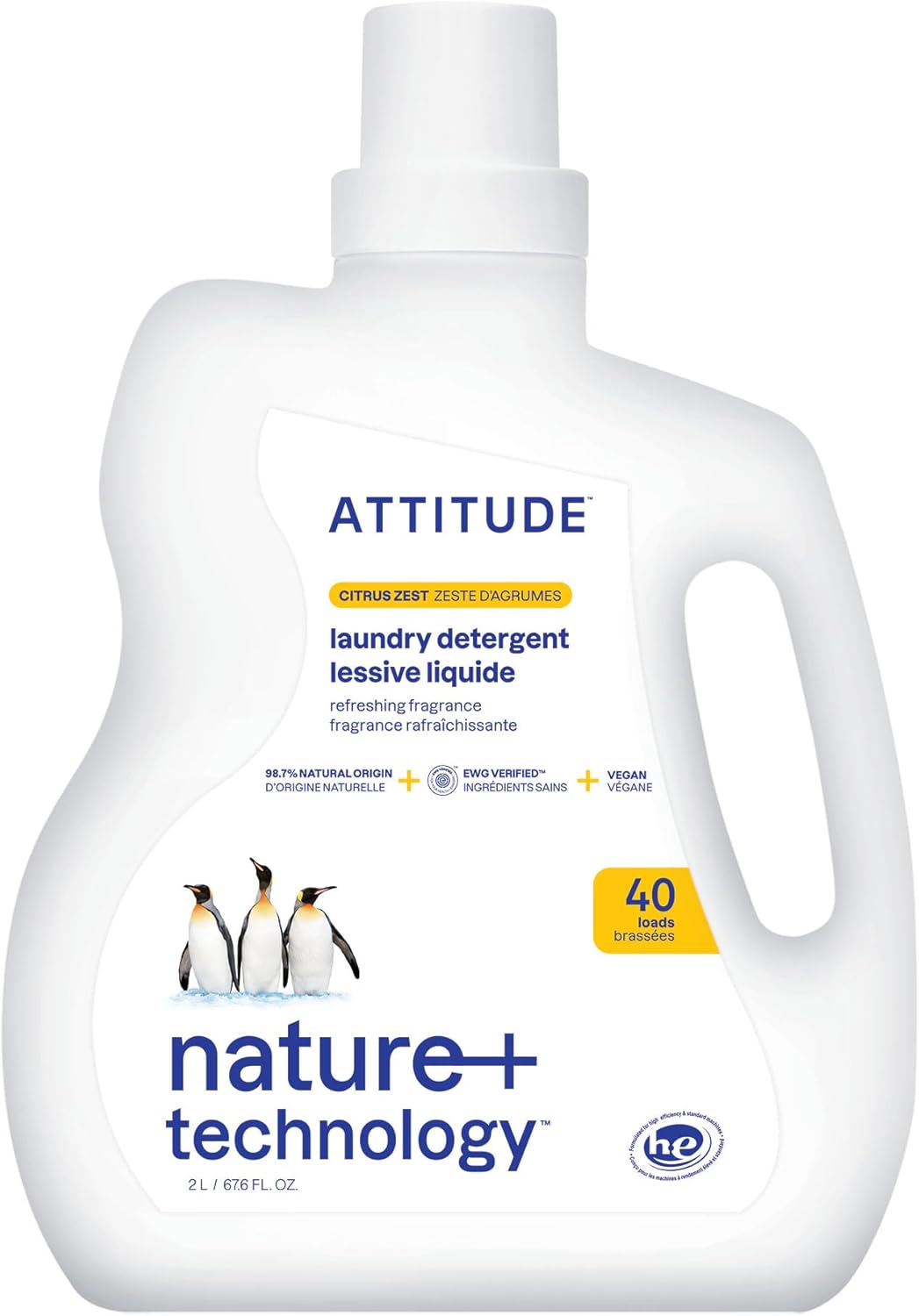 ATTITUDE Liquid Laundry Detergent, EWG Verified, HE Compatible, Plant-Based & Vegan, Natural Laundry Soap, Citrus Zest Scent, 40 Loads, 67.6 Fl Oz