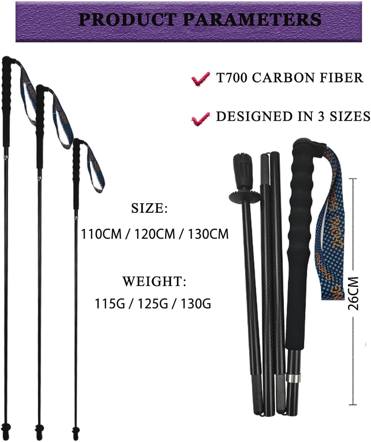Carbon Fiber Trekking Poles 2-Pack - Ultra Lightweight 10oz, Collapsible 3-Piece Folding Design with Anti-Shock, Moisture-Wicking Cork Grips for Hiking, Mountaineering