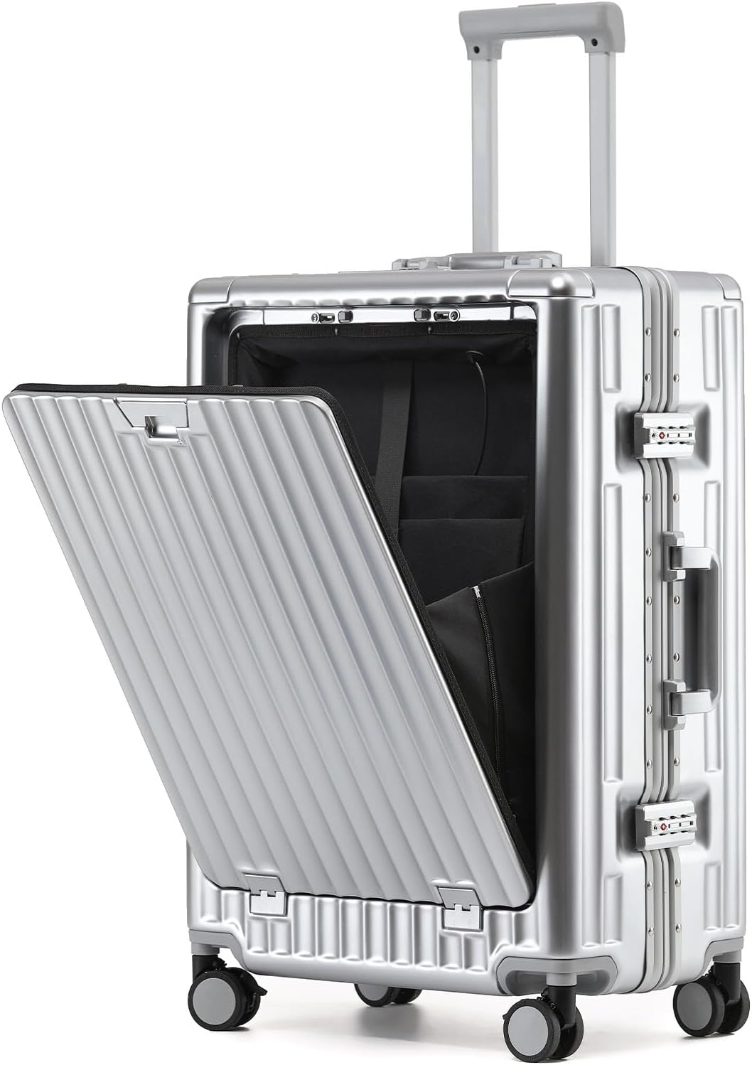 26 Inch Zipperless Checked Travel Luggage with Spinner Wheels,Aluminum Frame Hard Shell Front Pocket Suitcase with Compartment TSA Approved USB Port,Cup & Phone Holder for Women Men,Silver