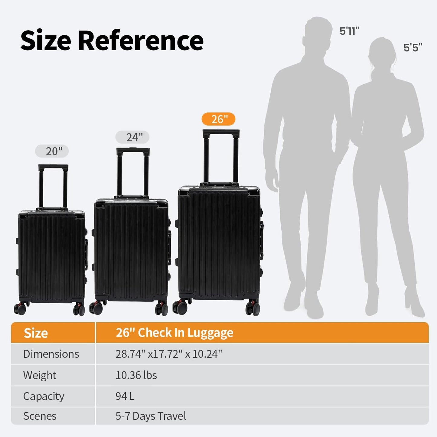 26 Inch Checked Luggage with Spinner Wheels, No Zipper Aluminum Frame Hard Shell Suitcases with TSA Lock, PC+ABS Lightweight Large Suitcase for Travel (Black)