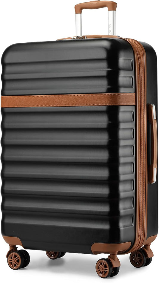 Kono Expandable 28 Inch Large Checked Luggage: ABS+PC Hardside Trolley Travel Case - Hard Shell Suitcase with TSA Lock, Black Brown