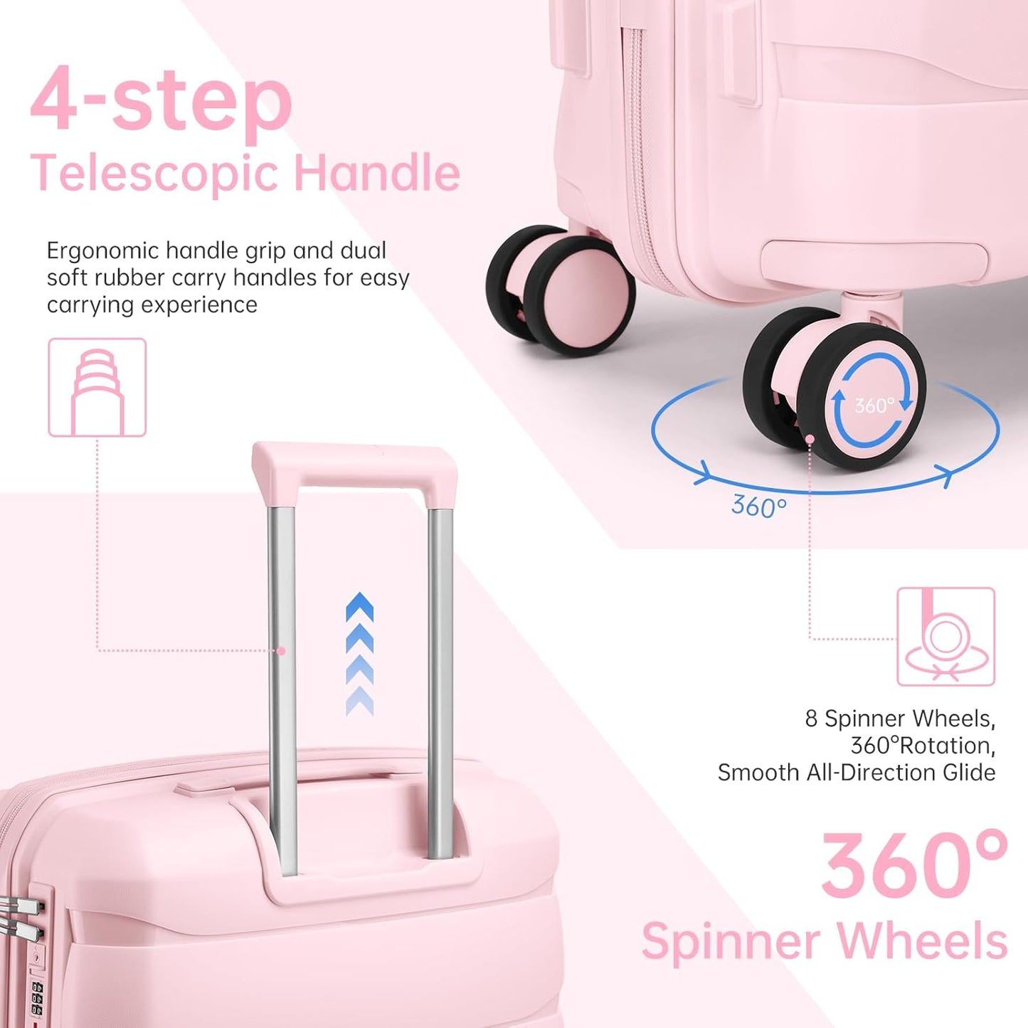 Luggage Sets 5 Pieces, PP Hardshell Suitcase Set with Spinner Wheels, Suitcases for Women (Pink)