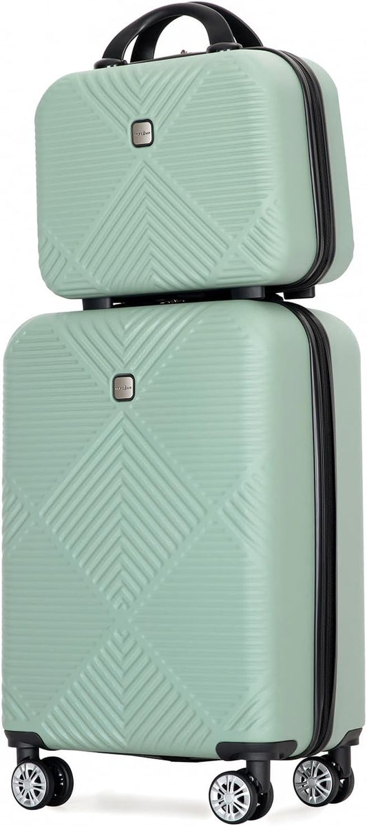 2 Piece Carry on Luggage Set, Airline Approved 20 Inch Luggage with Cosmetic Case Hard Shell Suitcase with Spinner Wheels, Olive Green