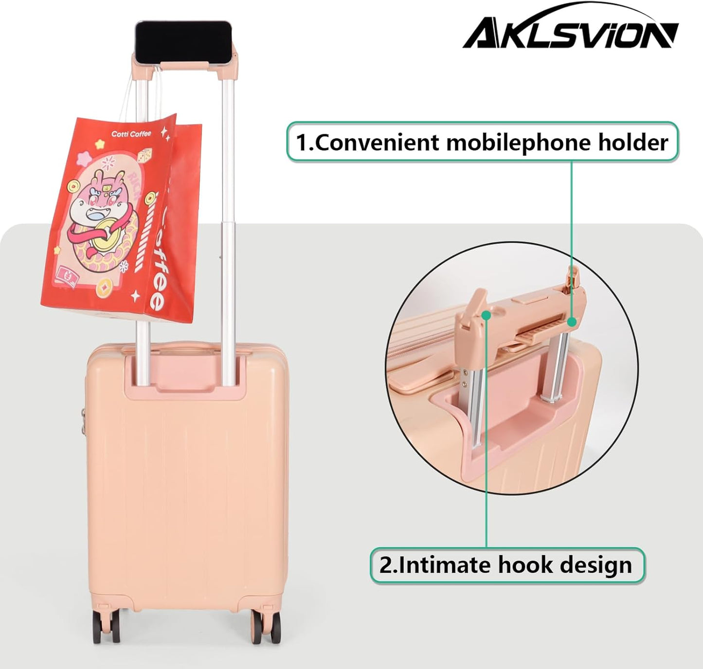 18-inch Carry-on Boarding Luggage: Equipped with Movable Wheels, TSA Approved,Under the Seat, Hard Shell Construction, Lightweight Bag with Essential Accessories (Baby Pink)