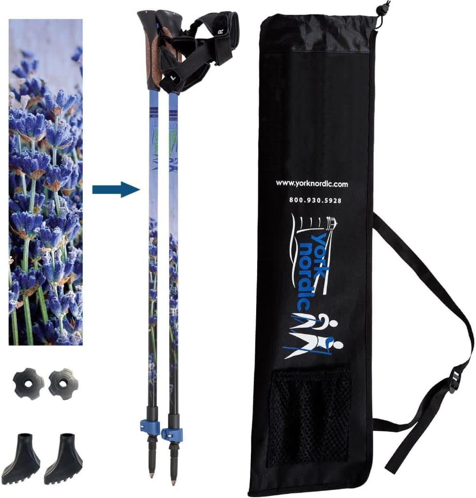 Official Nordic Walking Poles - True Classic Nordic Glove Grips, Lightweight, Adjustable, and Collapsible -2 Pieces w/flip Locks, Detachable Feet and Travel Bag by York Nordic - Heights 5'4"-6'2"