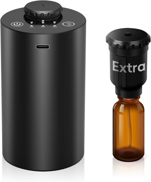Waterless Essential Oil Diffuser Battery Operated Cordless Aromatherapy Diffuser with Timing & 3 Mist Levels car Diffuser，Black Aluminum Alloy (E10-2A)