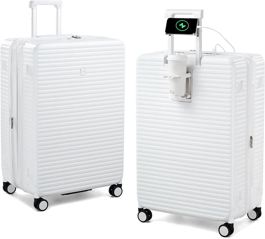 28 Inch Luggage Hard Shell Suitcases, Expandable Travel Checked Luggage 28 Inch, Large Check In Luggage with Spinner Wheels Cup Holder Charger Built in Lightweight Suitcase, White