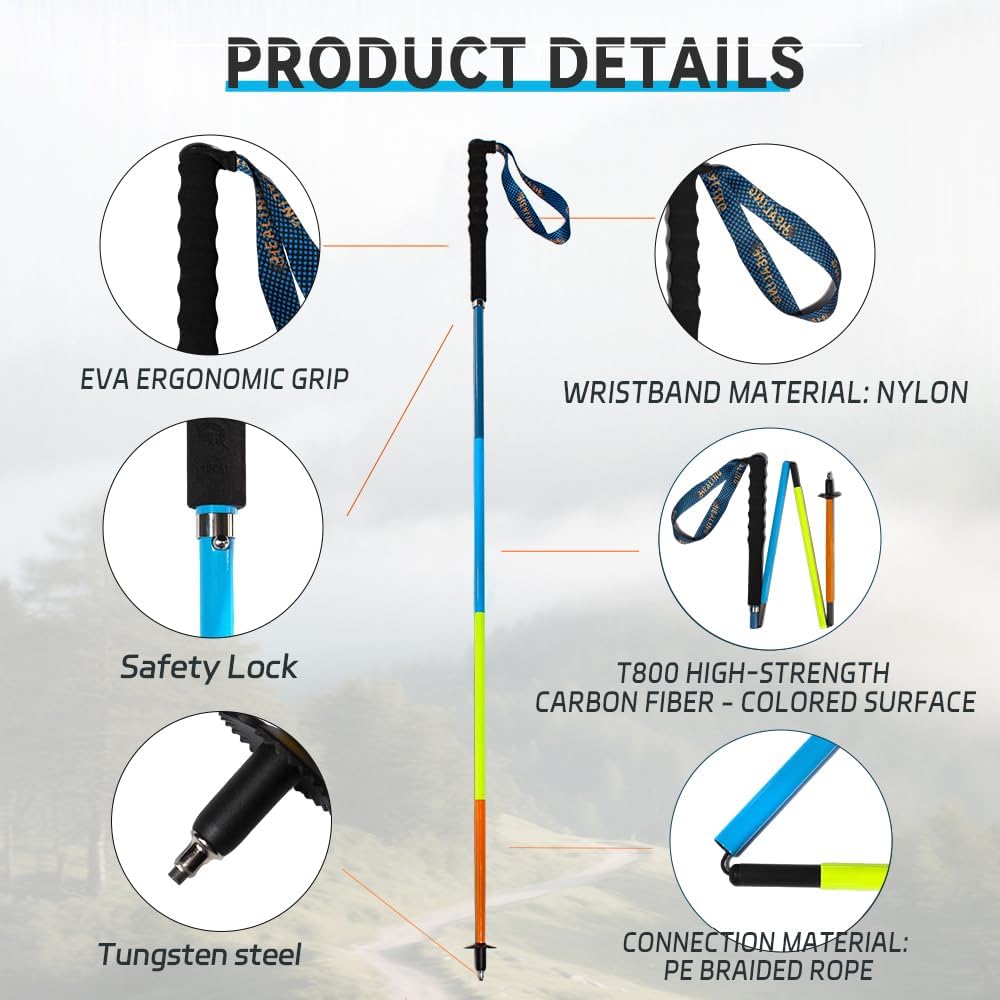 Carbon Fiber Trekking Poles 2-Pack - Ultra Lightweight 10oz, Collapsible 3-Piece Folding Design with Anti-Shock, Moisture-Wicking Cork Grips for Hiking, Mountaineering