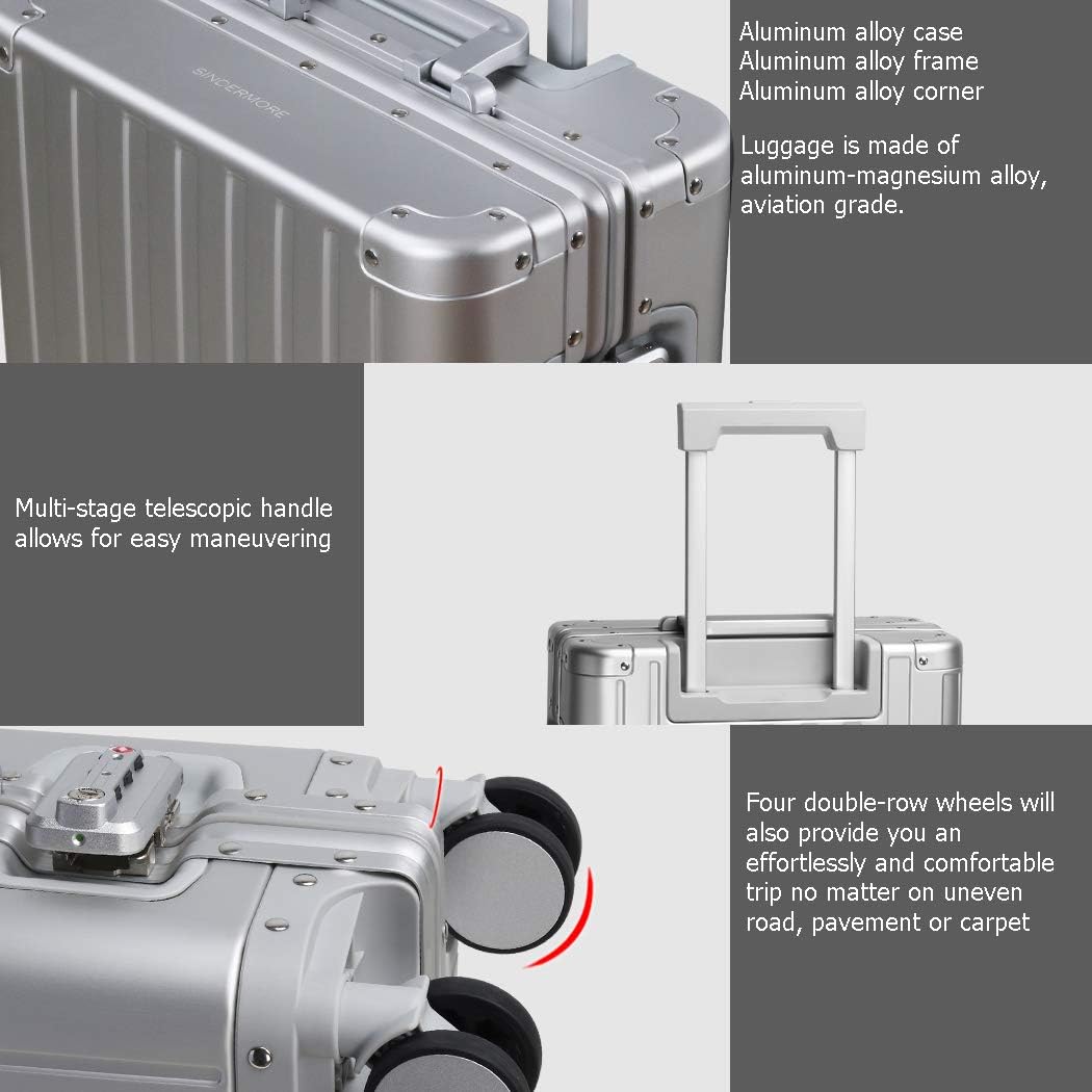 20-inch Aluminum Carry-On Suitcase: Silver - Full Metal Shell - Crush-Resistant & Burst-Proof, TSA Lock & Spinner Wheels for Business Travel - Men Women