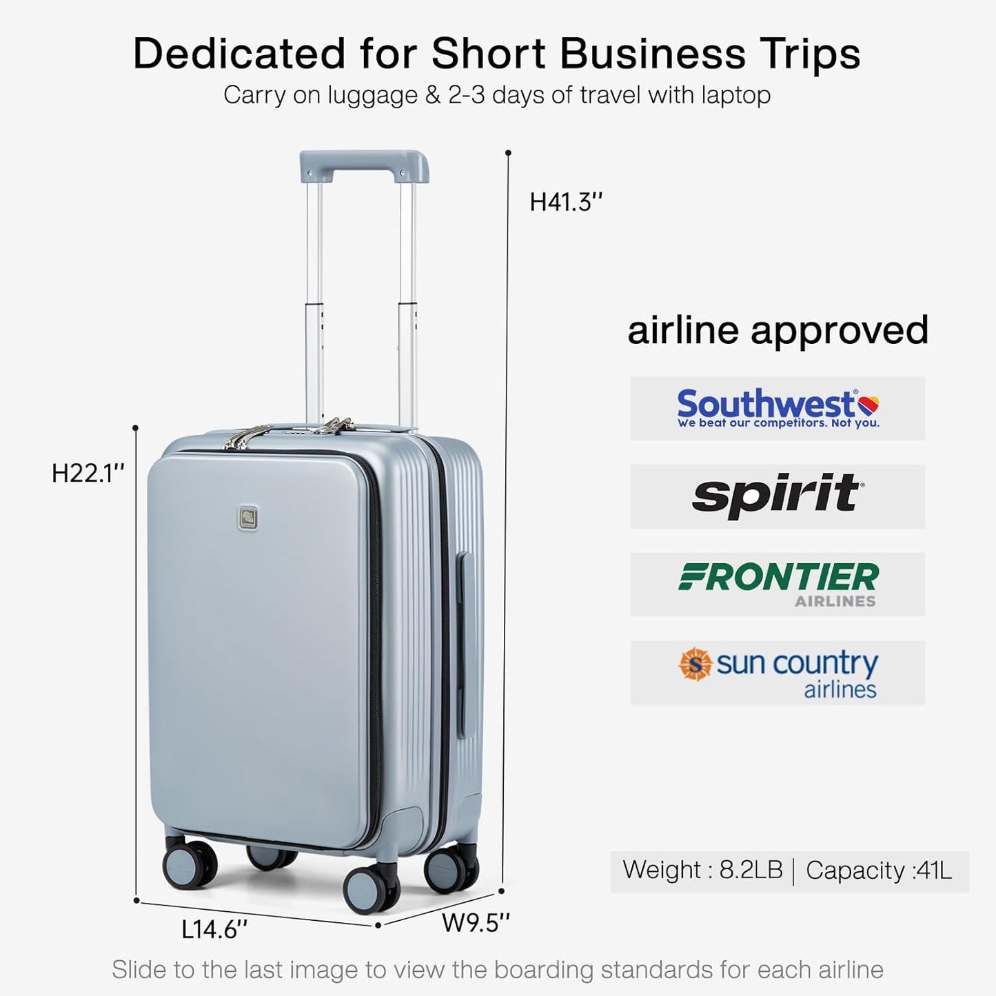 Hanke Grace Carry On Luggage with Wheels Airline Approved Hard Shell Suitcases with Front Pocket，Top Opening Luggage with TSA Lock for Short Business Travel， Grey.