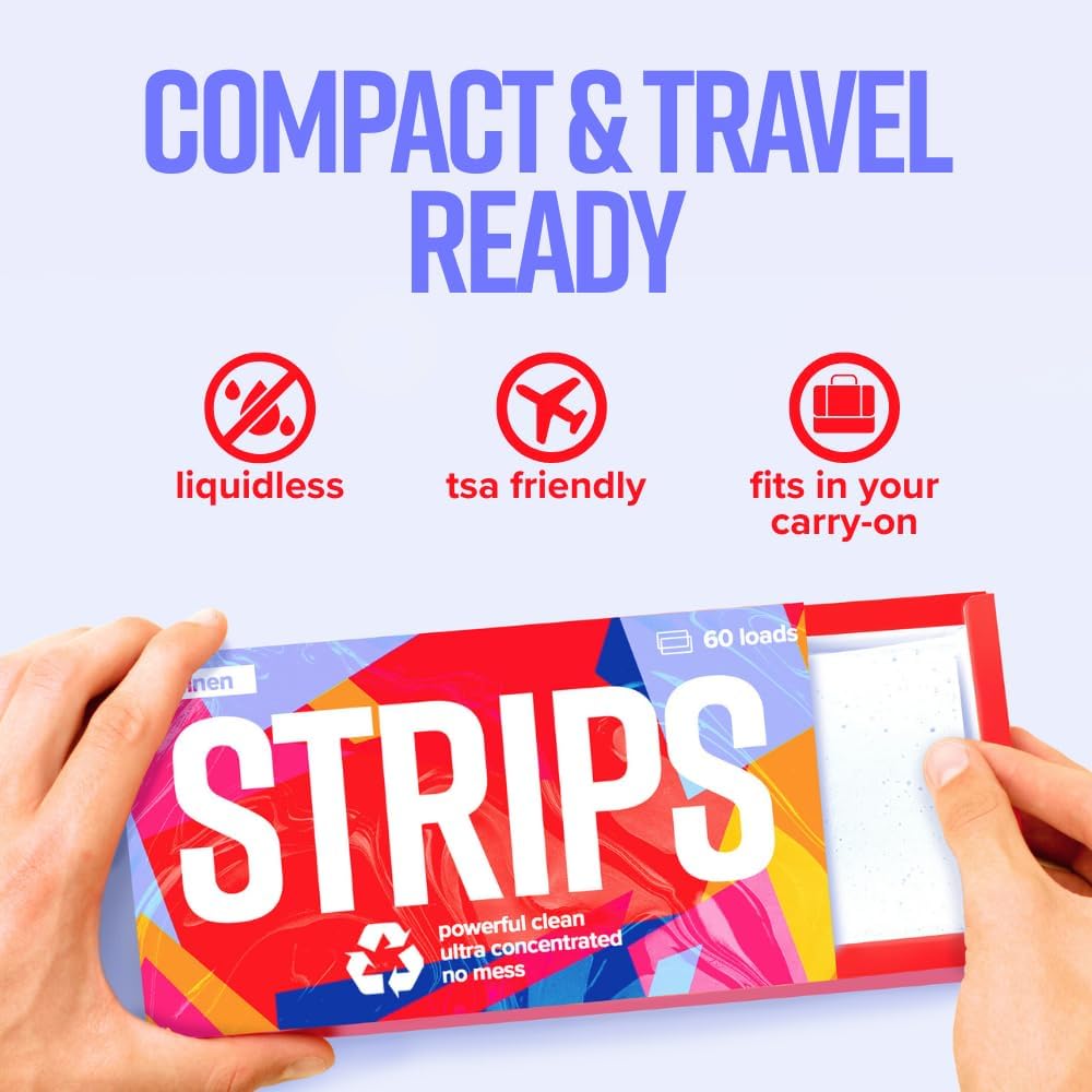 STRIPS Laundry Detergent Sheets Unscented (30ct, 60 loads) Fragrance Free Eco Liquidless Soap, Travel-Friendly, Dissolves in Hot & Cold, Hypoallergenic, Tackles Tough Stains & Odors