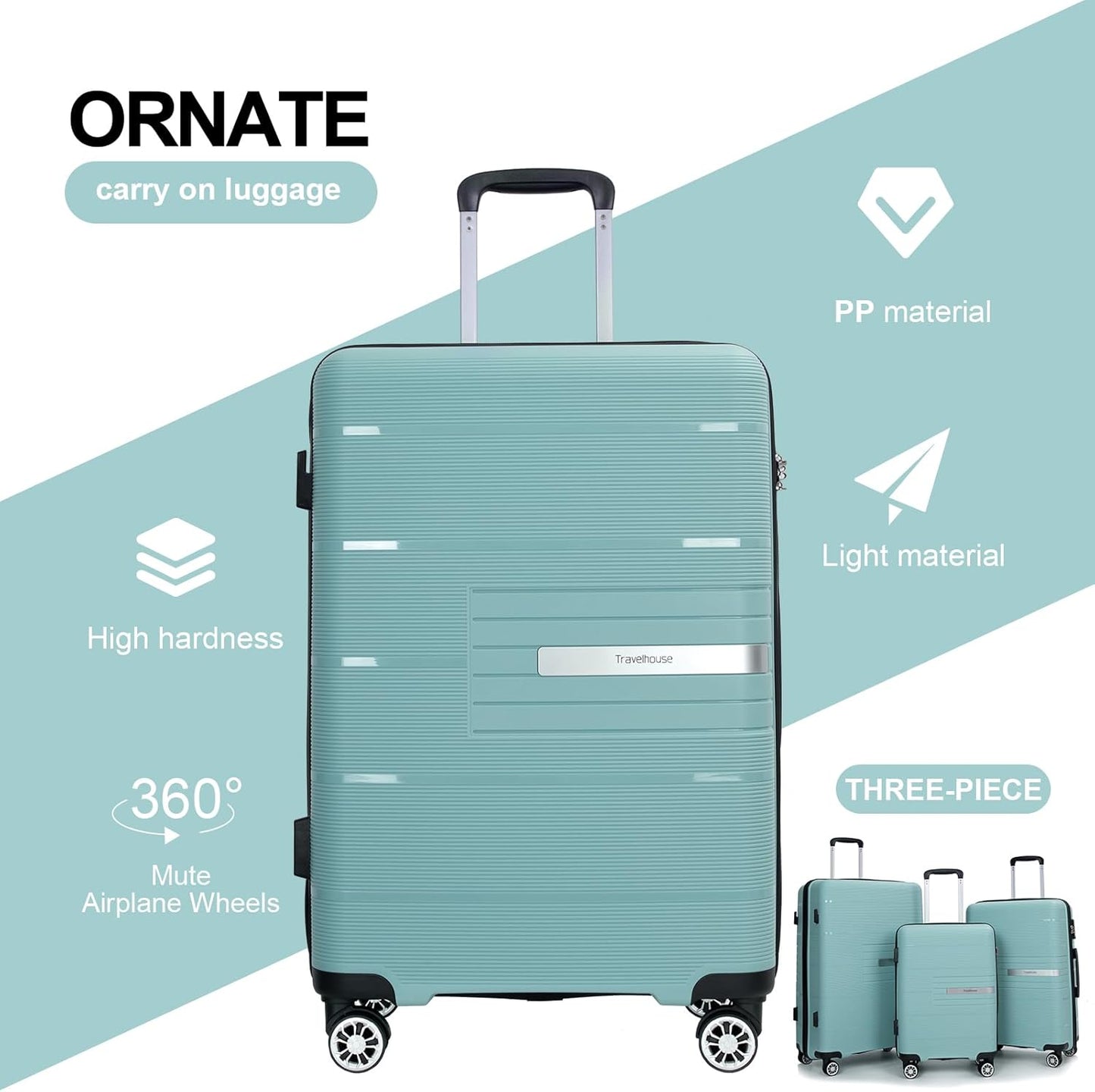 Luggage 3 Piece Sets Suitcase Set with Double Spinner Wheels, Lightweight Carry On Hardside Travel Luggage with TSA Lock, (20/24/28) (Light Green)