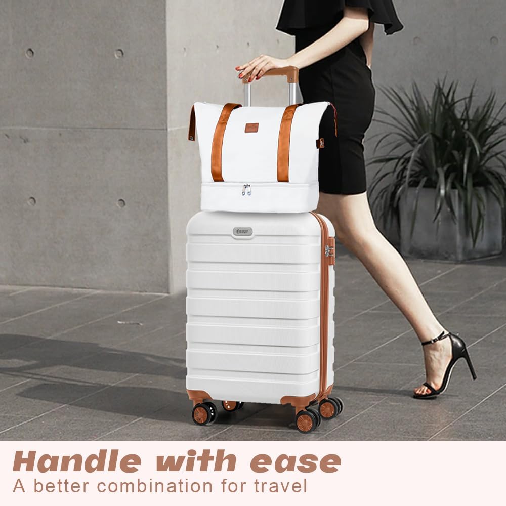 AnyZip Luggage Set 20 Inch Carry on Luggage PC ABS Hardshell Lightweight Suitcases for Travelling with 4 Universal Wheels TSA Lock White Brown