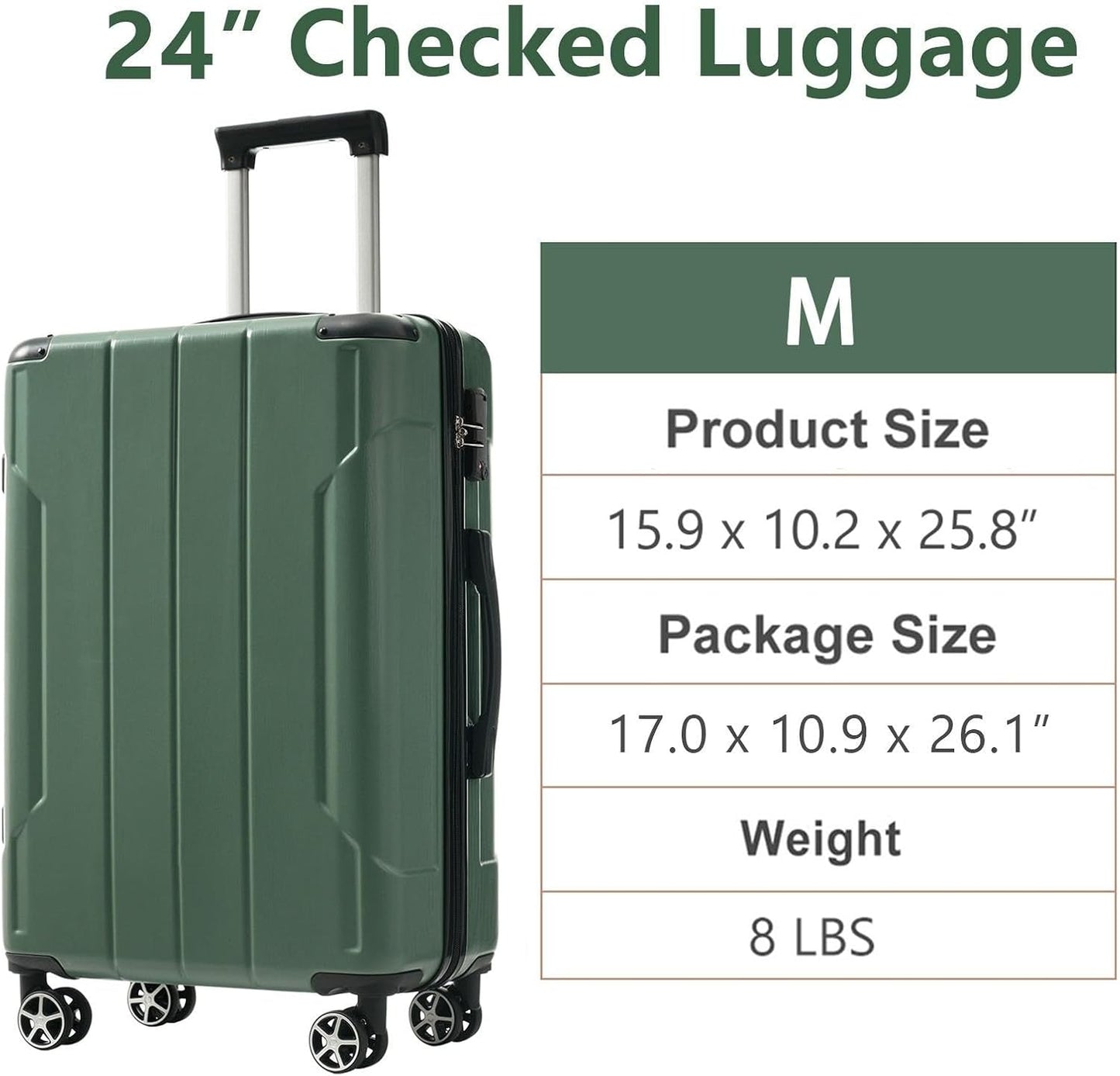 24-inch Expandable Hardshell Checked Luggage with TSA Lock, Durable ABS Suitcase with 360° Silent Dual Wheels, 25% Extra Packing Space, Telescopic Handle, 8 LBS Lightweight, Green