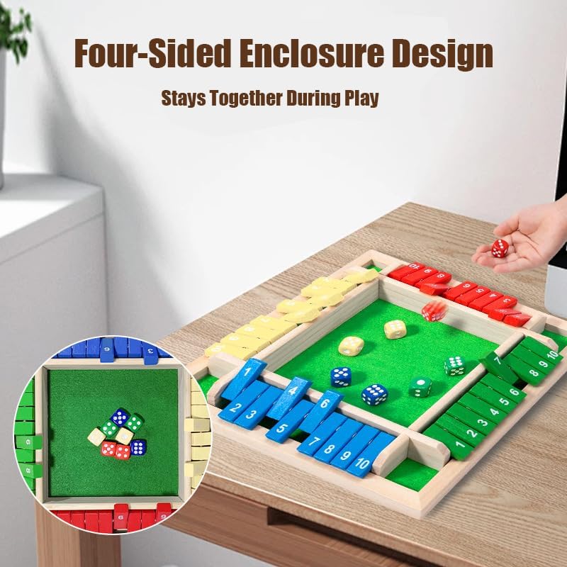 Wooden Shut The Box Game 4 Player – Family Board Game for Kids and Adults, Educational Tabletop Strategy Toy for Home, Party & Travel, Portable Wooden Family Game Night Fun