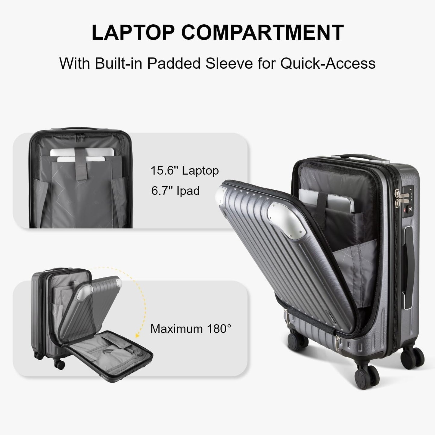 LEVEL8 Grace Carry on Luggage 22x14x9 Airline Approved, 20 Inch Hard Shell Suitcases with Spinner Wheels, Abs+Pc Hard Case Luggages with Tsa Lock, Travel bag for Women Men, Grey