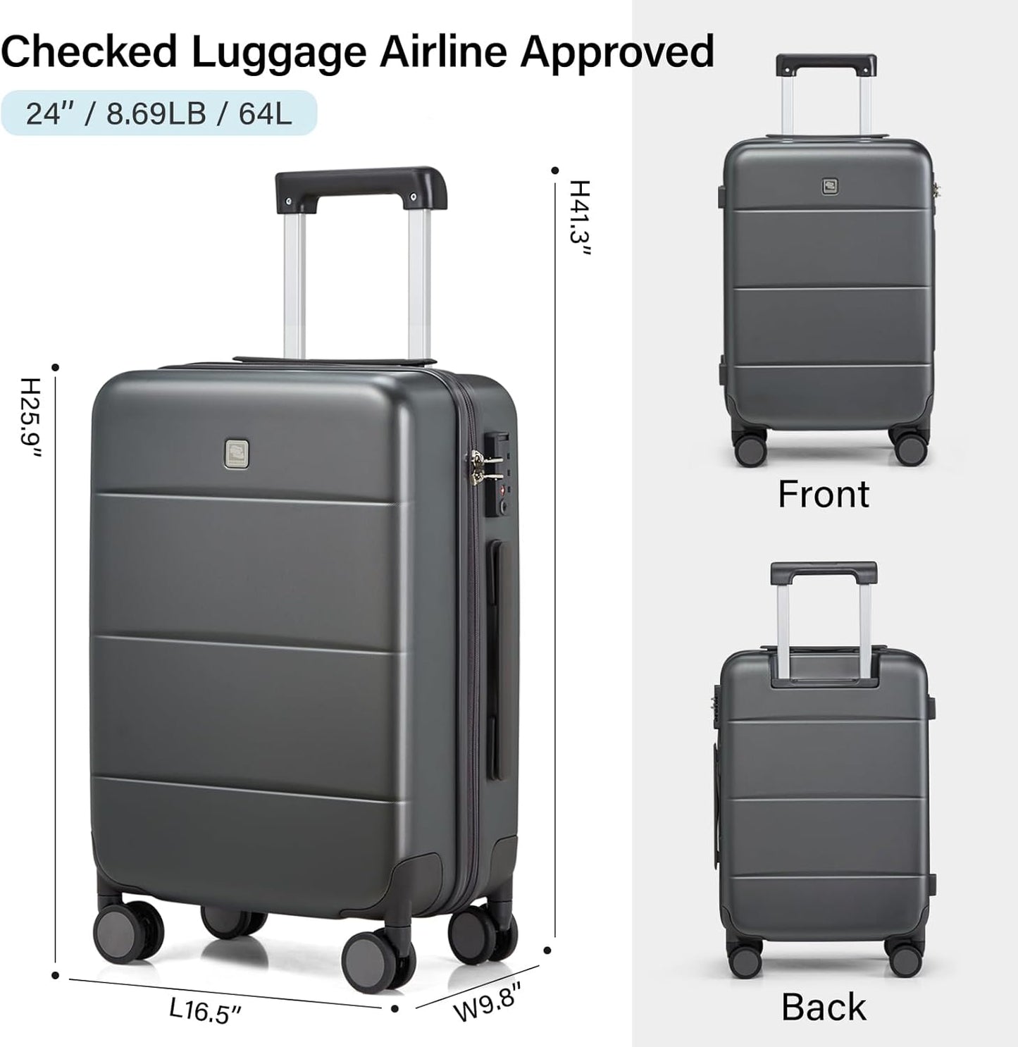 Hanke 24 Inch Checked Luggage with Spinner Wheels Hard Shell Suitcases Lightweight Travel TSA Luggage for Women Men Medium Suitcase(Graphite Grey)