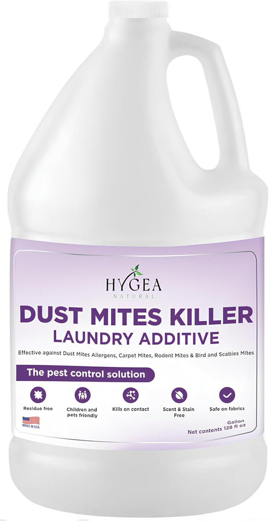 Hygea Natural Dust Mite Laundry Additive - Eliminates Dust, Carpet, Rodent, Bird & Scabies Mites - Pet & Child-Friendly, Eco-Friendly for Bedding, Clothing, Linens - 128oz