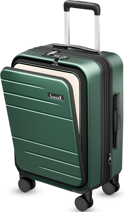Carry On Luggage 22x14x9 Airline Approved, FLO5 Expandable Polycarbonate Suitcase with Front Pocket (FX-Core, Green, 20 Inch)