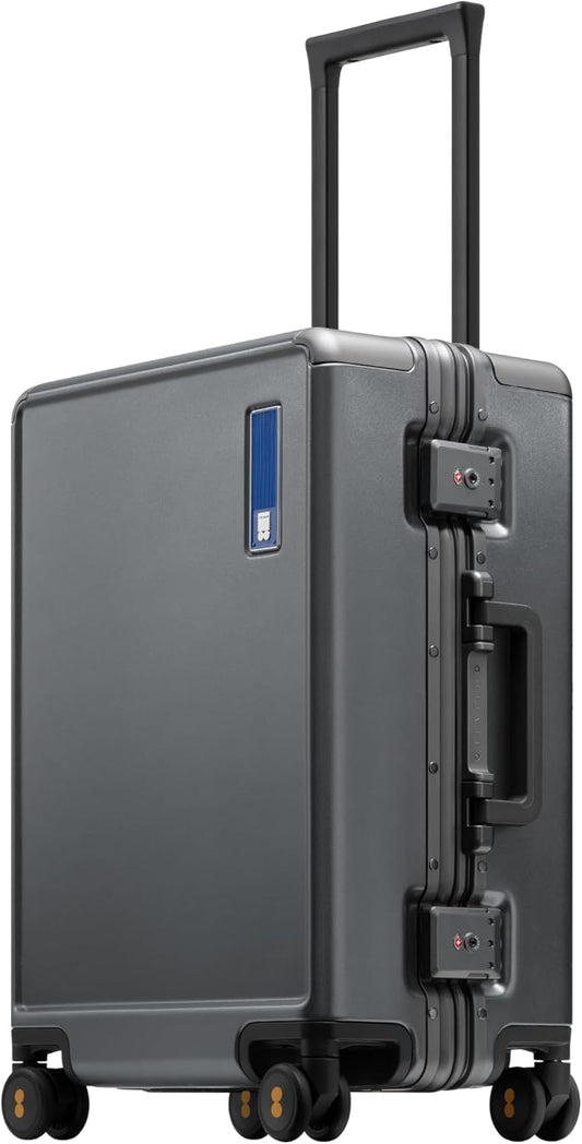 LEVEL8 Zipperless Carry On Luggage Airline Approved with Aluminum Frame, Hard Shell Suitcase with Spinner Wheels, Metal Checked Luggage with Double Tsa Locks, 20 Inch, Grey