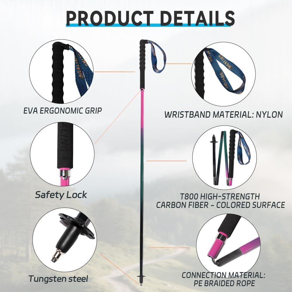 Carbon Fiber Trekking Poles 2-Pack - Ultra Lightweight 10oz, Collapsible 3-Piece Folding Design with Anti-Shock, Moisture-Wicking Cork Grips for Hiking, Mountaineering