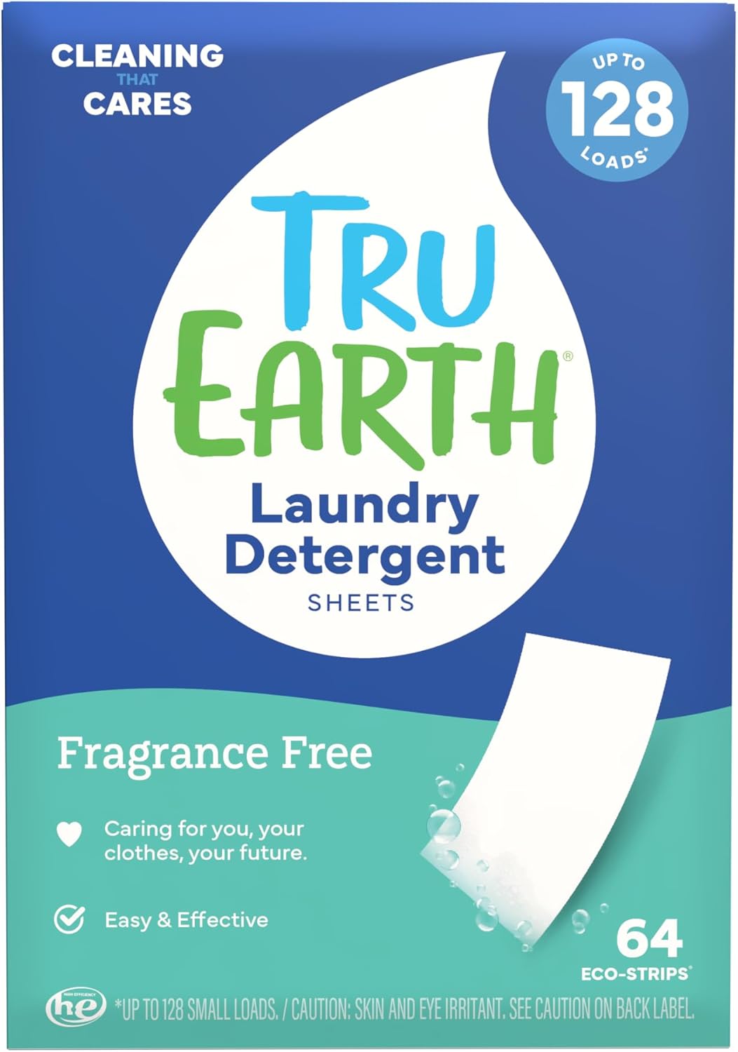 Tru Earth Compact Dry Laundry Detergent - Up to 128 Loads (64 Sheets) - Paraben-Free - Original Eco-Strip Liquidless Detergent, Travel | Packaging May Vary