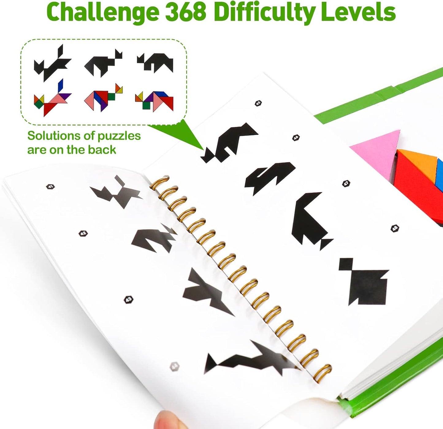 USATDD Travel Tangram Puzzle with 2 Set, Magnetic Pattern Blocks Road Trip Travel Games Jigsaw Montessori Brain Blocks IQ Book with 368 Solution Brain Teasers for Kids Adults Challenge