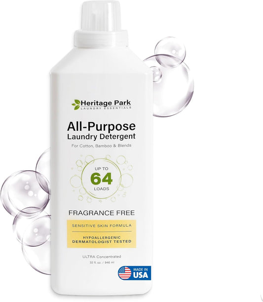 Heritage Park Luxury Laundry Detergent | Dermatologist Tested Plant based Natural & Enzyme Laundry Detergent | Sensitive Skin Friendly - Fragrance Free (32 fl oz)