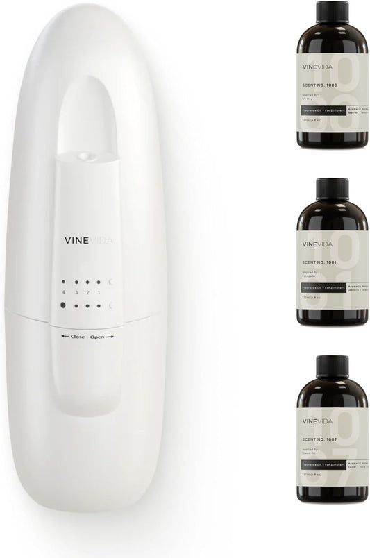 VINEVIDA Waterless Diffuser and 3 Top Selling Hotel Fragrance Oils - Essential Oil Diffuser for Home - Room Fragrance Air Diffuser [White Aroma Diffuser]