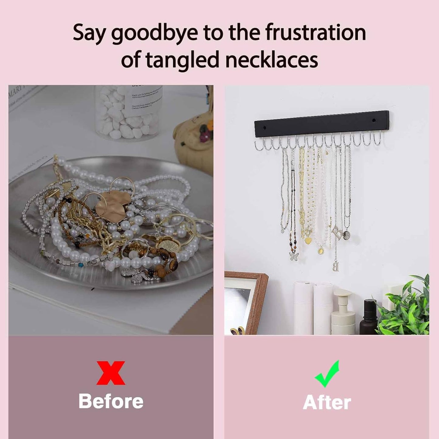 Wall Mounted Necklace Holder, Classic Style Necklace Holder, Tangle-Free Wall Jewelry Organizer with 28 Hooks(2 Packs,Black)