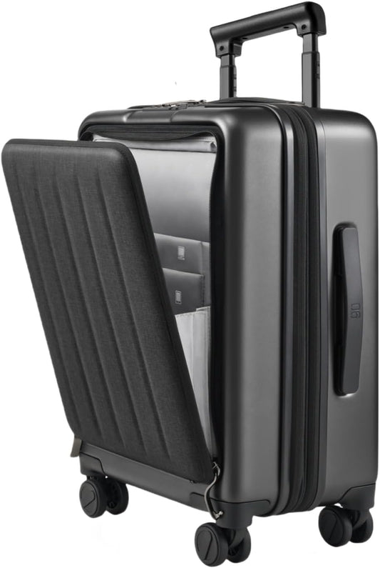 NINETYGO Carry on Luggage 22X14X9 Airline Approved with Front Pocket, 20 Inch Luggage with Front Compartment, Expandable, Double Spinner Wheels, Hardsided PC, TSA Lock (Black, Seine Max)