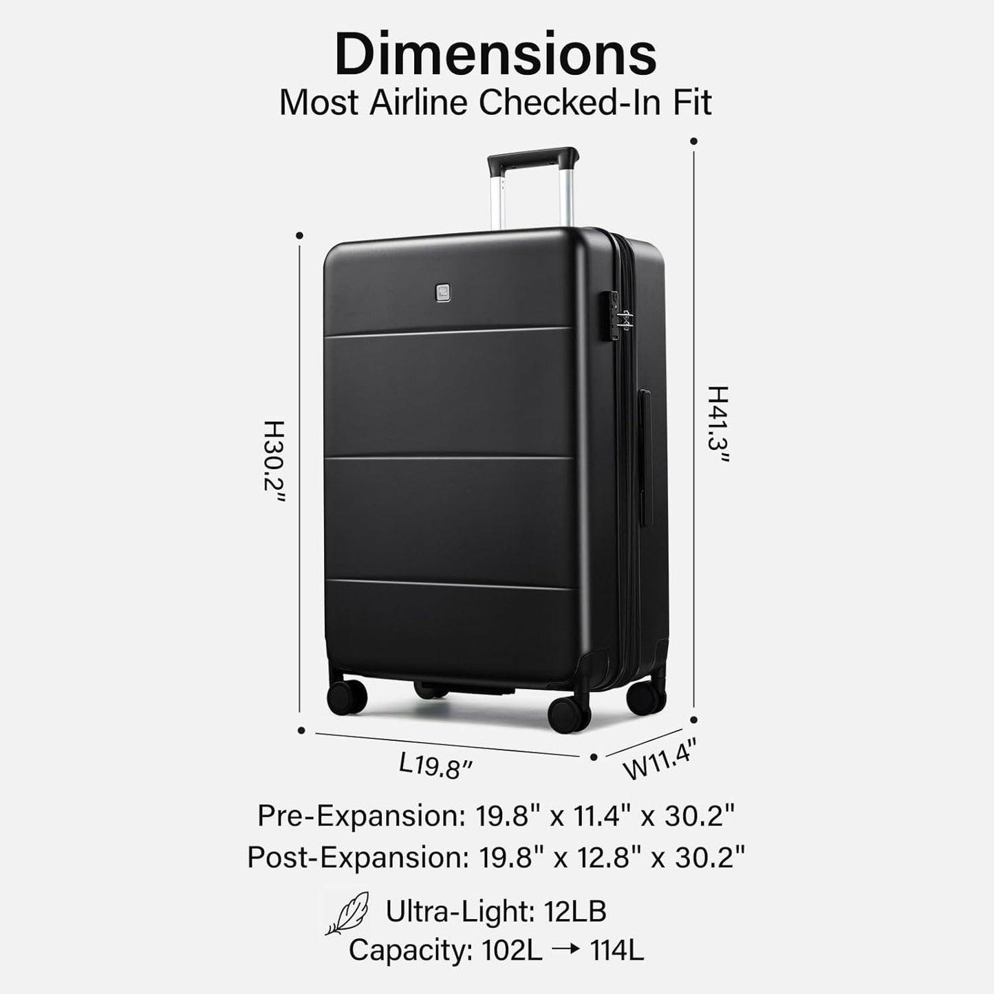 Hanke Expandable 28 Inch Luggage with Spinner Wheels, Hardside Large Suitcase, All-PC Hard Shell Checked Luggage, TSA Lock, Durable Checked-Large (Jet Black, 114L)