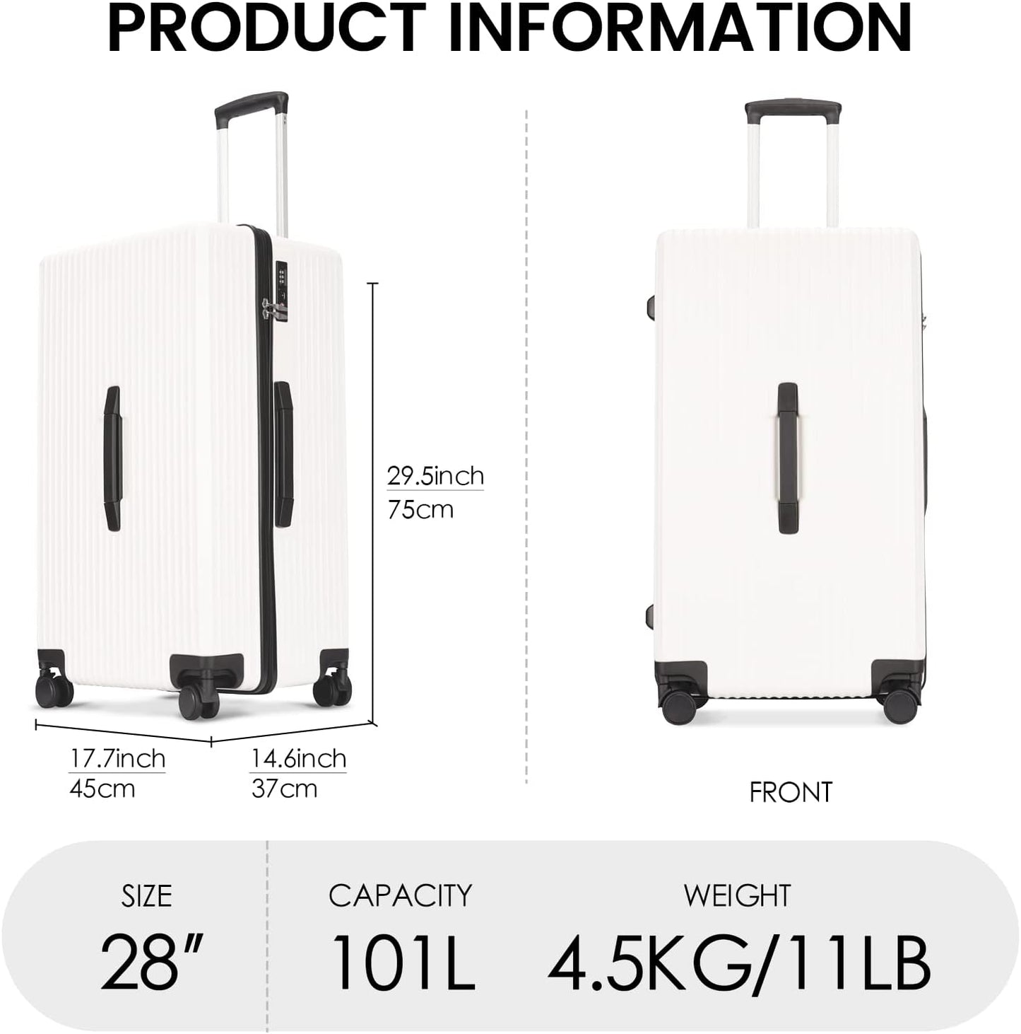 PRIMICIA GinzaTravel Trunk Luggage, 28 Inch Luggage with Spinner Wheels, Scratch resistant texture Lightweight PC material with TSA Lock（Family Travel Series ） (White)
